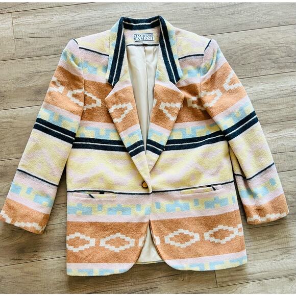 Vintage Maurizio Ramani Aztec Indian Blanket Blazer Jacket Large 80s Pastel - Picture 1 of 4